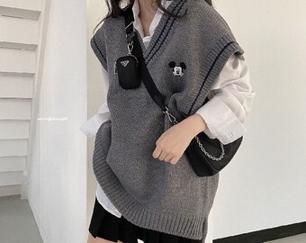 Women Sleeveless V Neck Loose Knitted Mickey Gray Sweater Vest Pullover Mickey Jumper Spring Autumn
