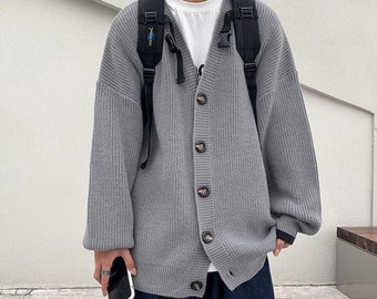 80s 90s Men V Neck Long Sleeve Sweater Cardigan | Knitted Buttoned Sweater Jumper | Open Front Cardigan | Men Casual Cozy Sweater Jumper