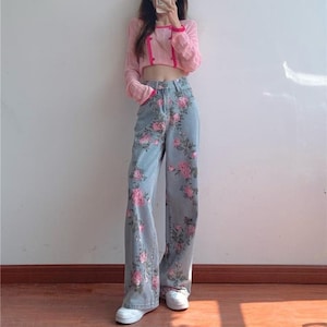 Women Flower Pants, Denim Baggy Trousers, Floral Jean Pants, Light Blue Flare Jean Pants, Flower Trousers