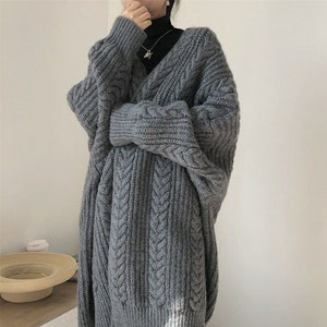 Women Long Sleeve Oversized Cable Knit Open Front Sweater Cardigan Gray ...