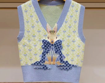 Cute Blue Rabbit Sweater Vest, Knitted Bunny Vest Jumper, Cute Bunny Daughter Sweater Vest