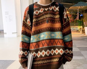 80s 90s Men Long Sleeve Crew Neck Argyle Geometric Knitted Sweater Jumper Pullover Brown Blue Spring Autumn Winter