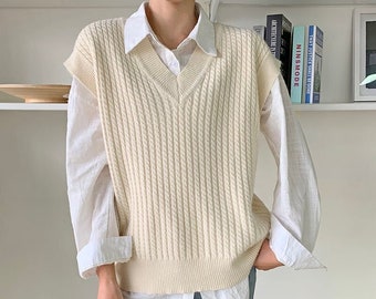 80s 90s Women Sleeveless V Neck Cable Knit White Sweater Vest Jumper Pullover Spring Summer Autumn