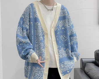 80s 90s Men V Neck Long Sleeve Paisley Sweater Cardigan | Knitted Buttoned Paisley Sweater Jumper |  Men Paisley Knit Coat