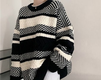 Unisex Long Sleeve Crew Neck Striped Black White Sweater Jumper Pullover 80s 90s Men And Women Knit Sweater Spring Autumn Winter