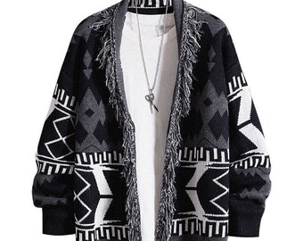 Hombres Knitted Geometric Shawl Cardigan / Argyle Shawl Cardigan Para Hombres / Open Front Cardigan / Men Knit Sweater Jumper