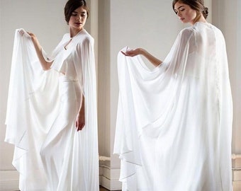 White Chiffon Long Cape Cloak, White Bride Wedding Party Cape, Photo Shoot Cloak