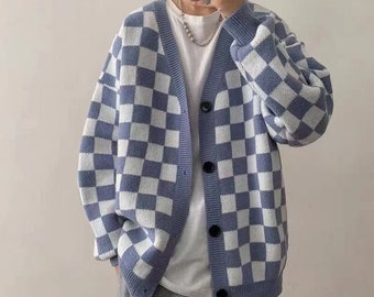 70s 80s 90s Men Long Sleeve V neck Knitted Plaid Sweater Cardigan Knit Button Lattice Sweater Coat Spring Autumn Winter