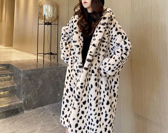 Women Fuzzy Fleece Leopard Parka Coat Jacket With Hood Fleece Pocketed Hoodie Fleece Long Outerwear Jumper