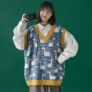 Women Sleeveless V Neck Loose Knitted Duck Blue Sweater Vest - Etsy UK