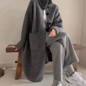 Women Long Sleeve Loose Knitted Warm Sweater Cardigan With Pockets Button Knit Long Sweater Coat Spring Autumn Winter