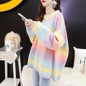 Women Long Sleeve Crewneck Oversized Knitted Rainbow Sweater Jumper Pullover Spring Autumn Winter