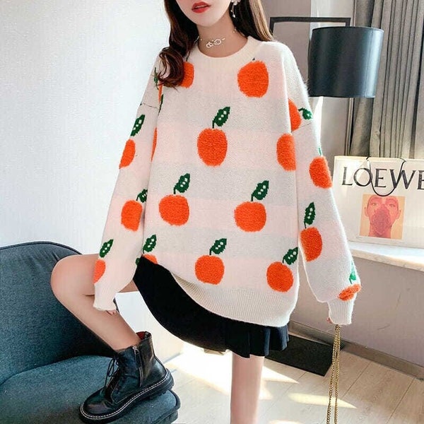 Women Long Sleeve Crewneck Oversized Knitted Fruit Sweater Jumper Pullover Christmas Sweater Spring Autumn Winter