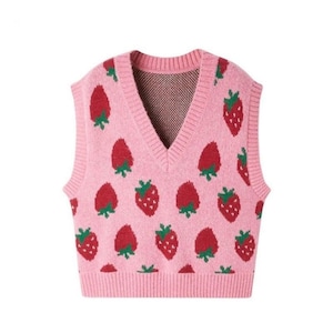 Pink Strawberry Sweater Vest | Knitted Strawberry Vest | Strawberry Jumper Vest | Fruit Sweater Vest