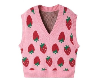 Rosa ErdbeerPullover Weste | Gestrickte Erdbeerweste | Erdbeere Pullover Weste | ObstPullover Weste