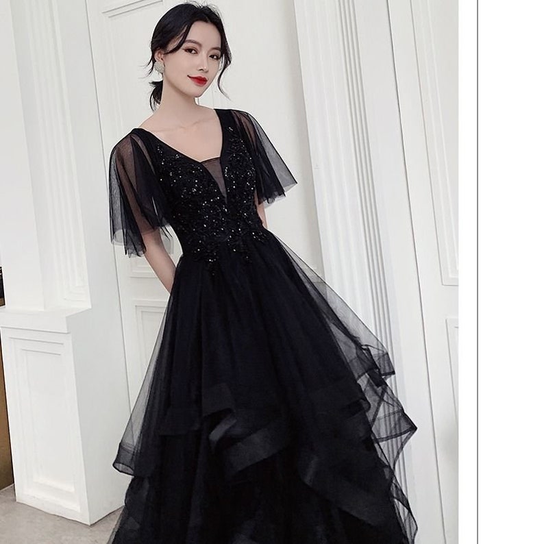 Black Ruffle Layered Dress Black Prom Dress Black Long - Etsy