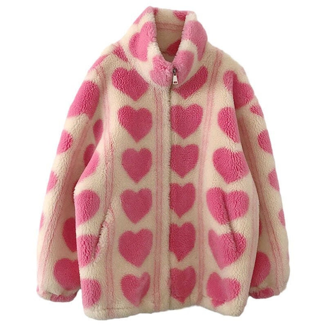 80s 90s 00s Women Long Sleeve Turtleneck Fuzzy Heart Fleece Warm Coat ...