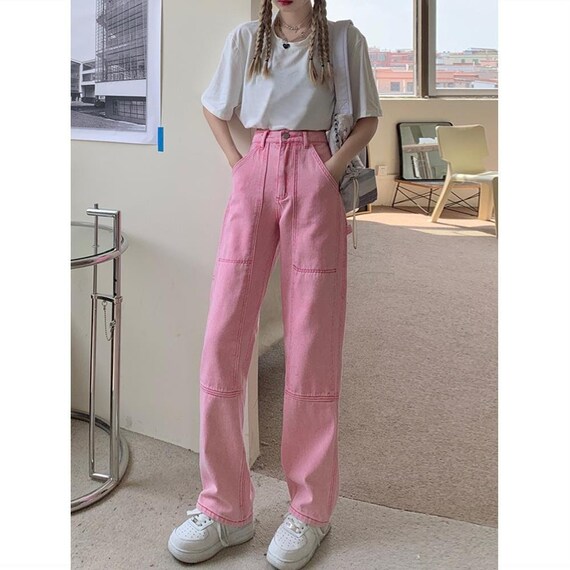 Women Y2K Pink Jean Pants Loose Relaxed 