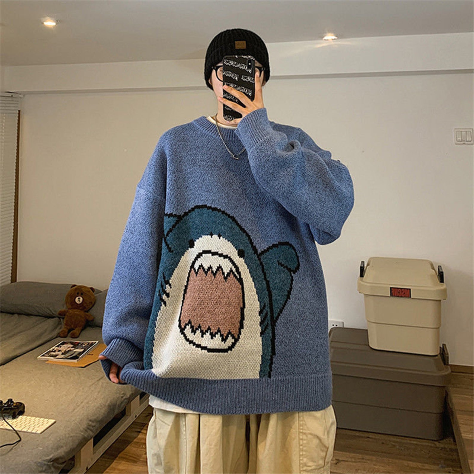 Unisex Knitted Shark Sweater Pullover Jumper Men Loose Etsy UK