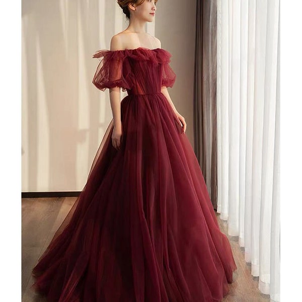 Red Prom Gown Dress / Red Mesh Long Dress / Red Tulle Dress / Bridesmaid Dress / Birthday Gown Dress
