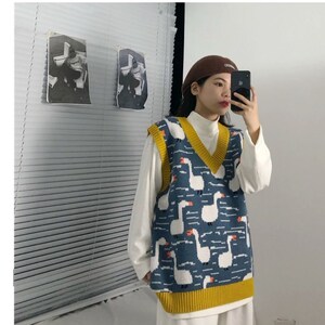 Women Sleeveless V Neck Loose Knitted Duck Blue Sweater Vest Goose Knit Jumper Pullover Spring Autumn image 5