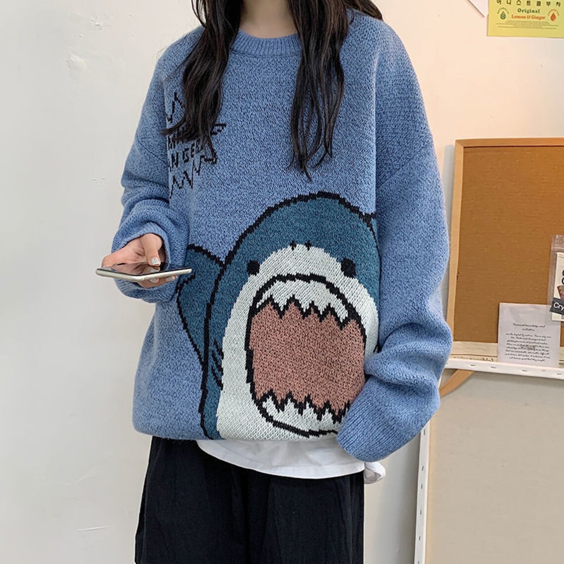 Unisex Knitted Shark Sweater Pullover Jumper Men Loose | Etsy