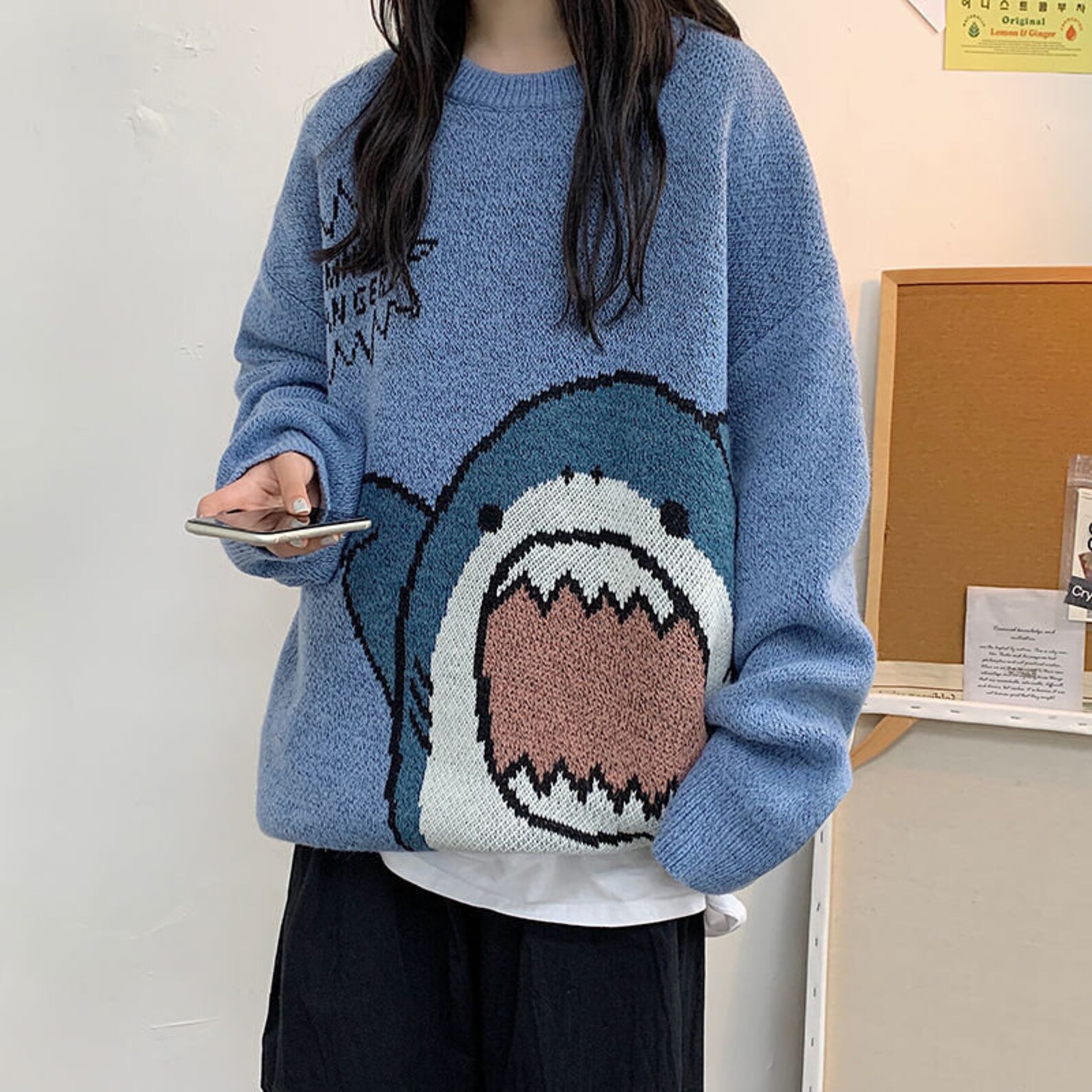 Unisex Knitted Shark Sweater Pullover Jumper Men Loose Etsy UK