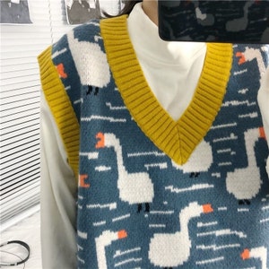 Women Sleeveless V Neck Loose Knitted Duck Blue Sweater Vest Goose Knit Jumper Pullover Spring Autumn image 4