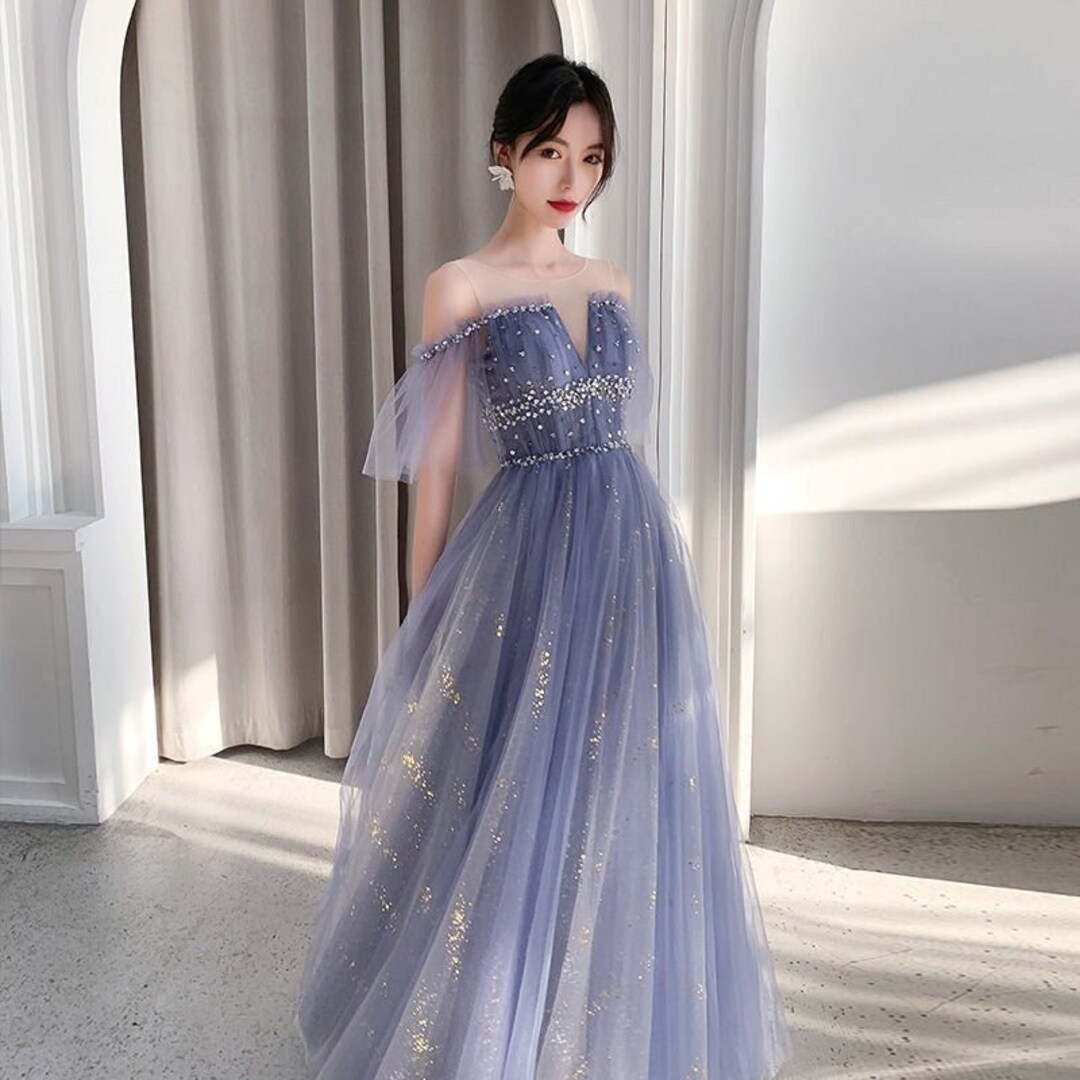 Blue bow star sequin tulle dress