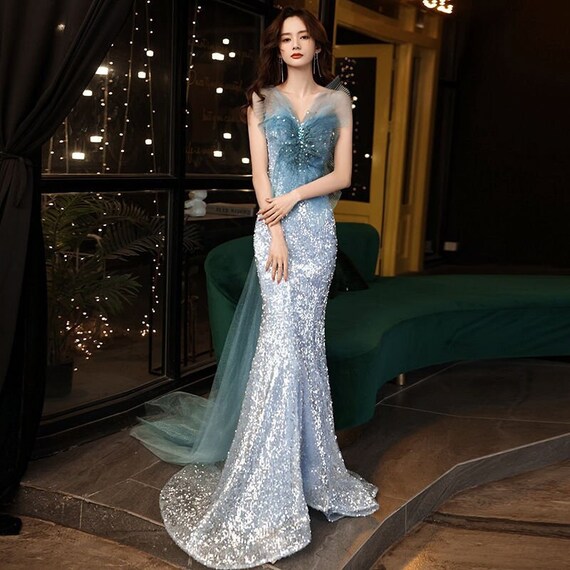 Blue Glitter Long Dress Sequins 