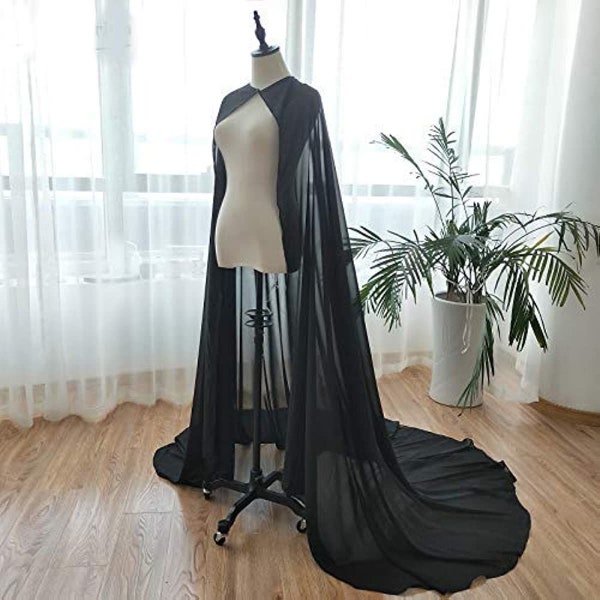 Black Chiffon Long Cape Cloak, Black Long Cape Shawl,  Stage Halloween Black Cape, Photo Shoot Cloak