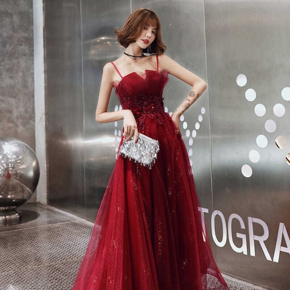 Alfa Bridal Dark Red V-Neck Spaghetti Straps Chiffon Bridesmaid Dresses  With Back Tie (AF0002) – AlfaBridal