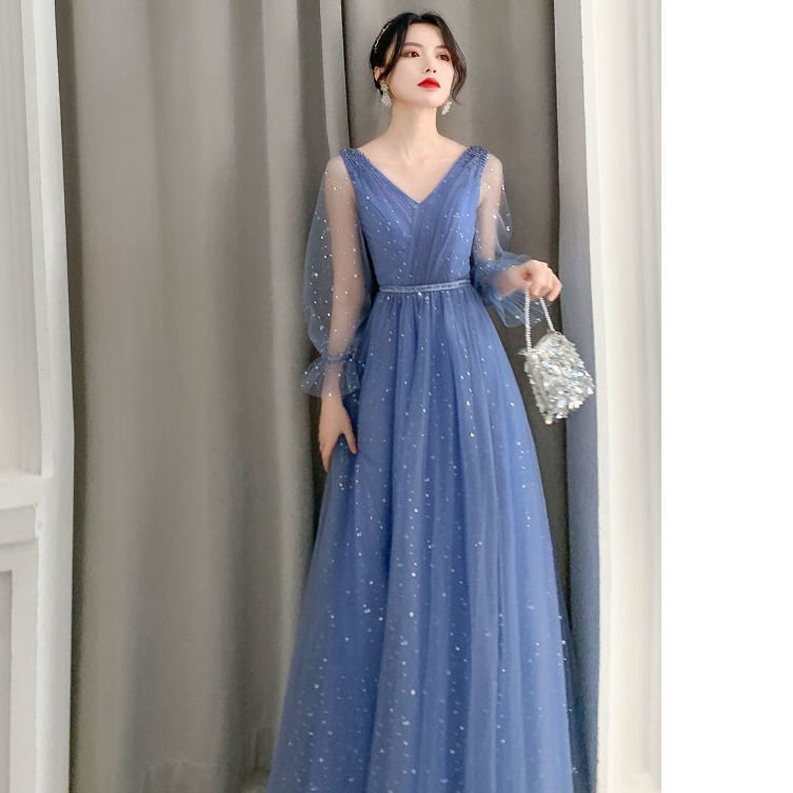 Blue Glitter Gown Dress Prom Long Dress Long Tulle Dress - Etsy