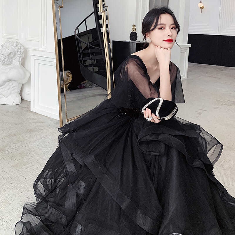 Black Ruffle Layered Dress Black Prom Dress Black Long Tulle Dress
