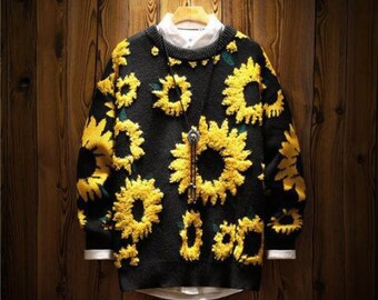 Unisex Sunflower Sweater Pullover , Black Loose Sunflower Sweater Jumper, Winter Sweater Gift For Men And Women