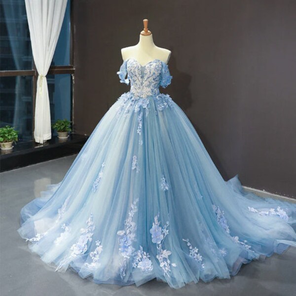 Blue Flower Long Ball Gown With Train | Blue Prom Gown | Bridal Party Dress | Blue Princess Gown | Blue Graduation Dress