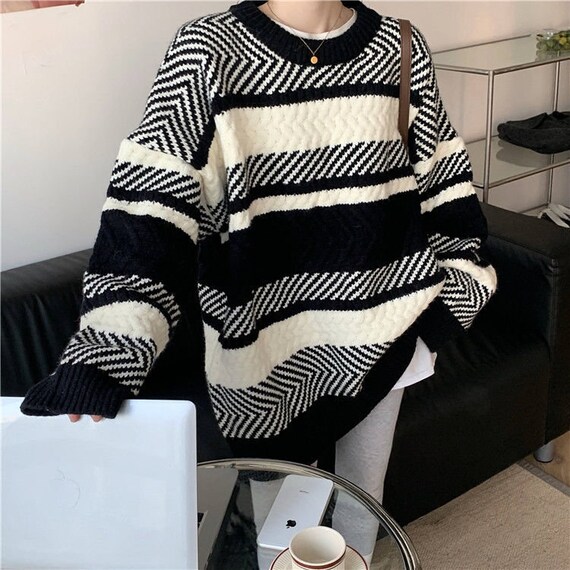 Unisex Long Sleeve Crew Neck Striped Black White Sweater - Etsy