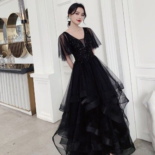 Black Ruffle Layered Dress Black Prom 