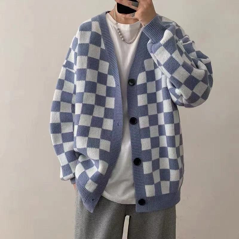 Korean Fashion Plaid Knit Cardigan Men V-neck Long Sleeve Slim