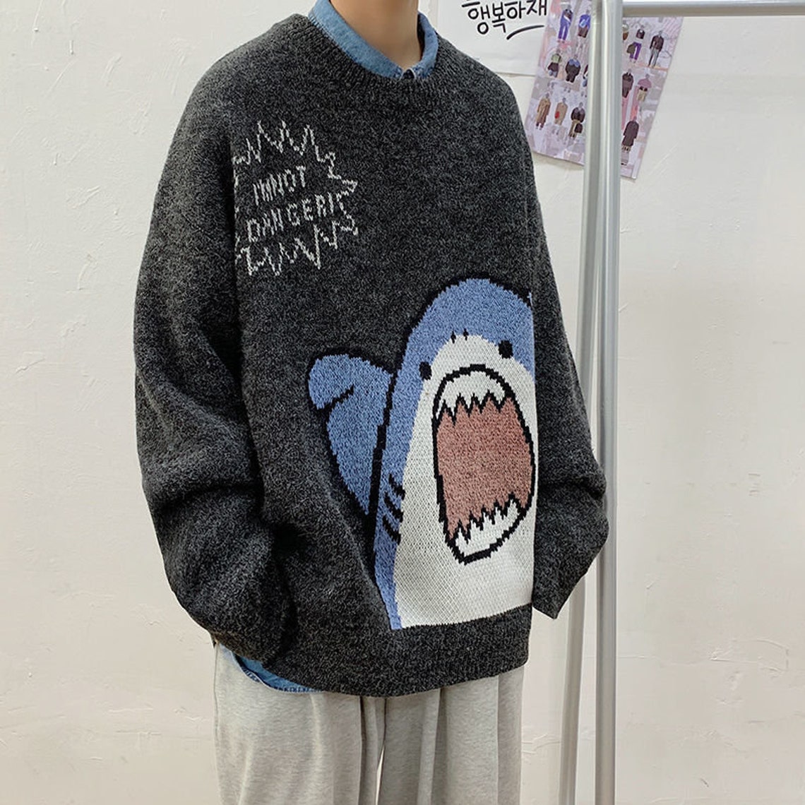 Unisex Knitted Shark Sweater Pullover Jumper Men Loose | Etsy