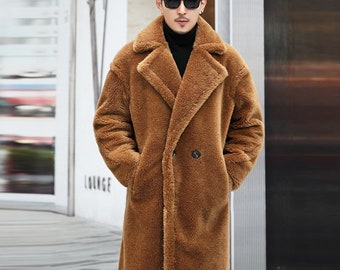 Men Long Sleeve V Neck Faux Fur Fleece Long Coat Jacket With Pockets Warm Fleece Jumper Outerwear