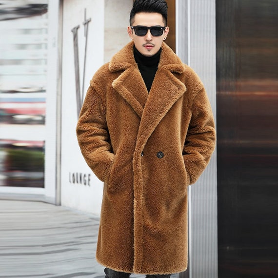 Men Long Sleeve V Neck Faux Fur Fleece Long Coat Jacket With - Etsy