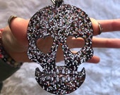 Black Resin Sparkly Sugar Skull Keychain (GLITTER)