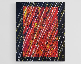 Pintura abstracta sobre lienzo, Escape, estilo Pollock rojo y negro