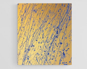 Blue and Gold Abstract Acrylic Painting on Canvas, 31x27