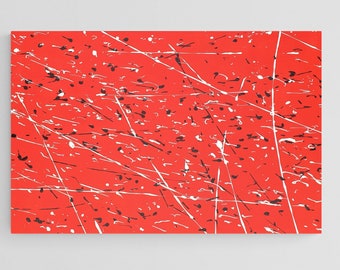 Pintura abstracta sobre lienzo, Anime, Fondo rojo con líneas blancas y negras estilo pollock