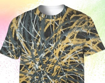 camiseta estética poliéster full printed gold and blach tee abstract design para hombre y mujer