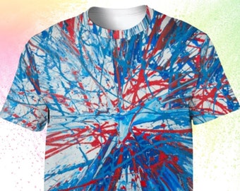 Camisa estampada poliéster azul y rojo Camiseta de diseño abstracto para hombre y mujer