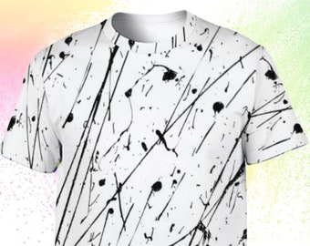 Camiseta estampada de poliéster blanco y negro abstracta para hombre y mujer