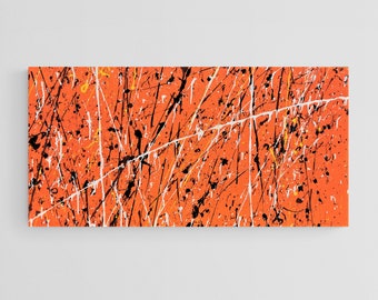 Abstract Acrylic Painting on Canvas, 47x23, Orange Black White Art